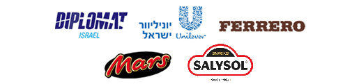 Several companies logos: Ferrero, Uniliver Isreal, Diplomat, Salysol, Mars, Raw, JTI, British American Tobacco, BIC